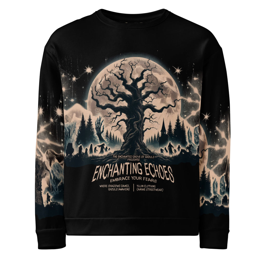 Yūjin Clothing Enchanting Echoes Halloween sweatshirt featuring spooky design and comfortable fit, perfect for fall Halloween festivities.