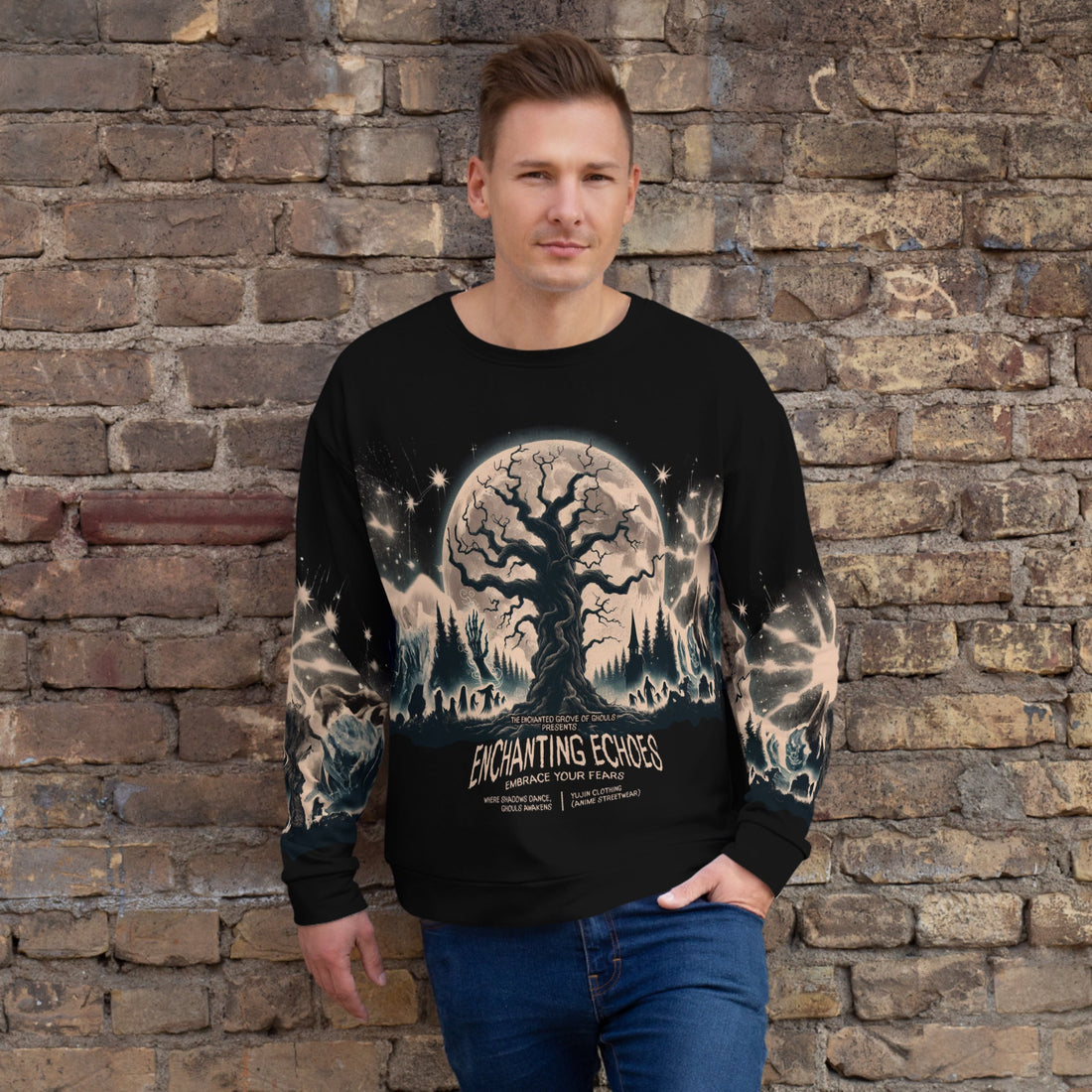 Yūjin Clothing Enchanting Echoes Halloween sweatshirt featuring spooky graphic design and comfortable fit for festive wear.