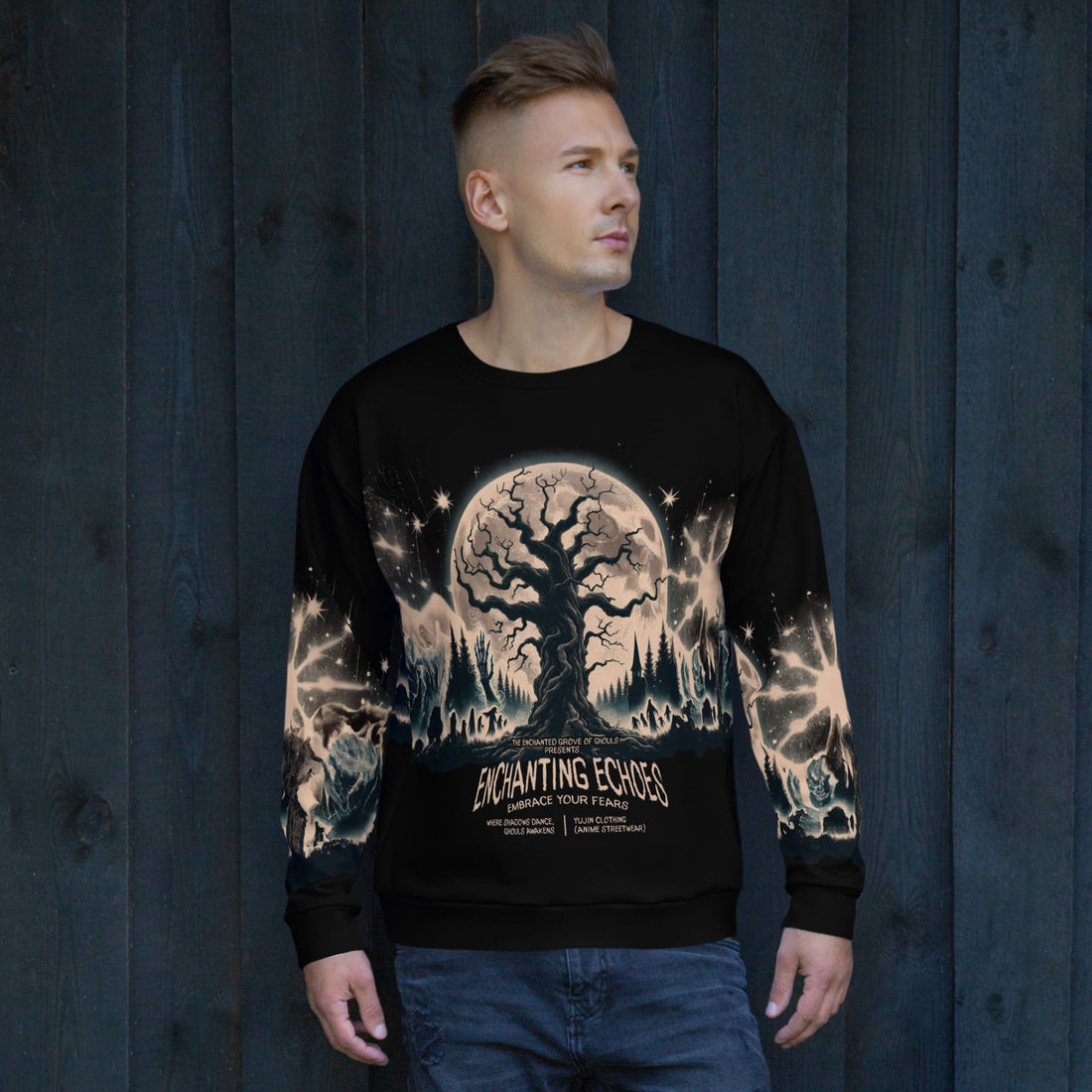Yūjin Clothing Enchanting Echoes Halloween sweatshirt featuring spooky design, soft fabric, and comfortable fit for festive wear.