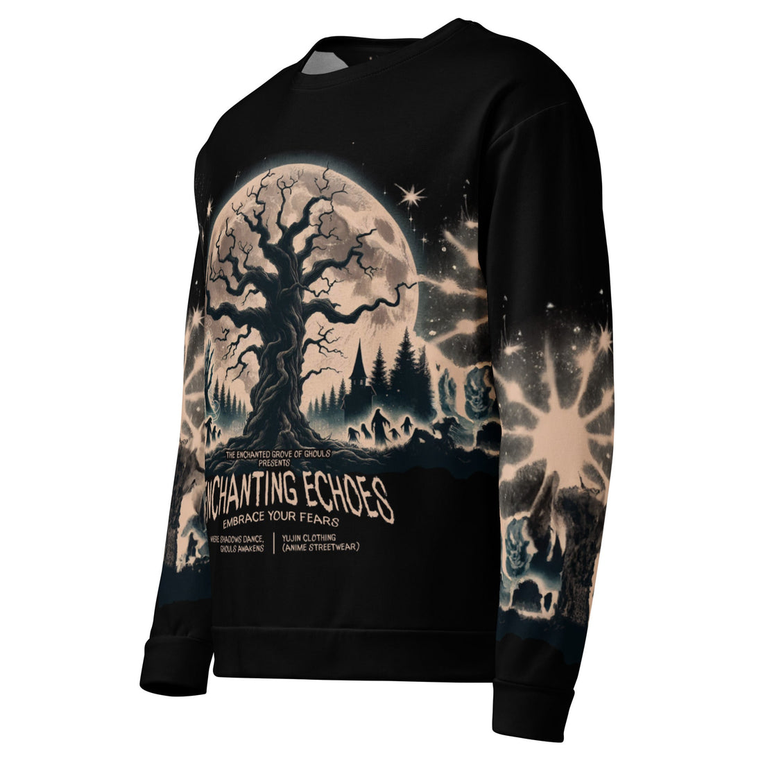 Yūjin Clothing Halloween sweatshirt featuring spooky ghost and moon print, cozy long-sleeve design perfect for fall and Halloween festivities.