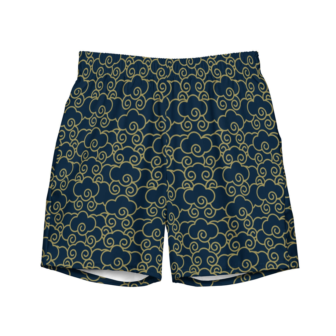 Yūjin Clothing Japanese Clouds swim trunks with blue cloud pattern, lightweight fabric, and comfortable fit for beach or pool outings.