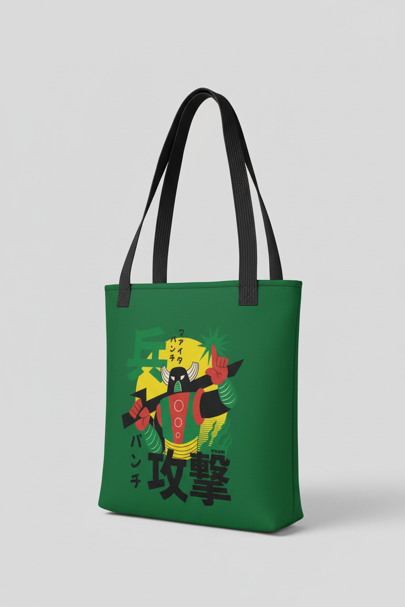 Japanese Robot tote bag by Yūjin Clothing featuring a detailed robot design on durable fabric.