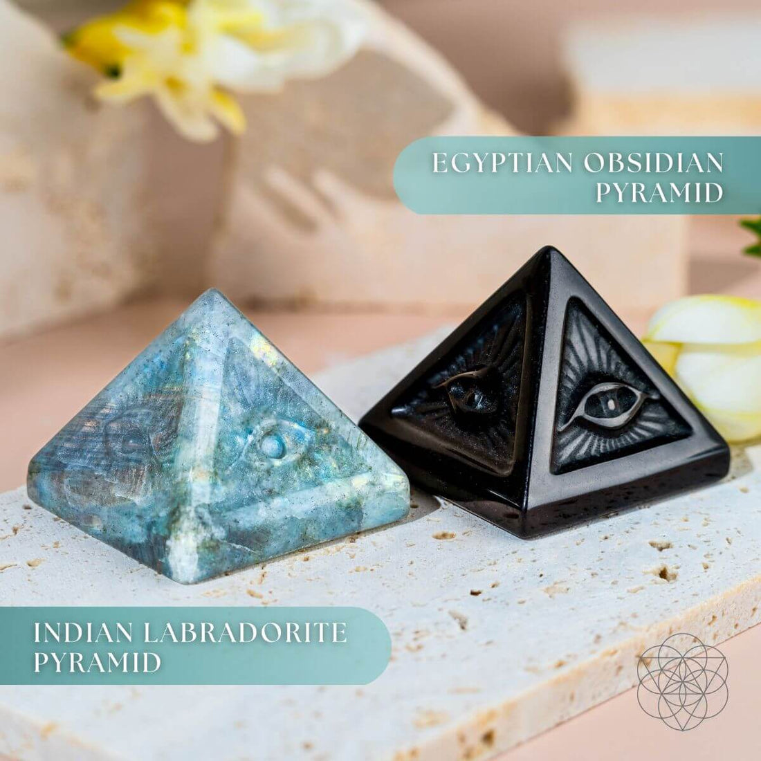 Crystal Heart featuring the All Seeing Eye and Pyramid of Ancient Wisdom by Conscious Items, showcasing detailed engraving and vibrant colors.