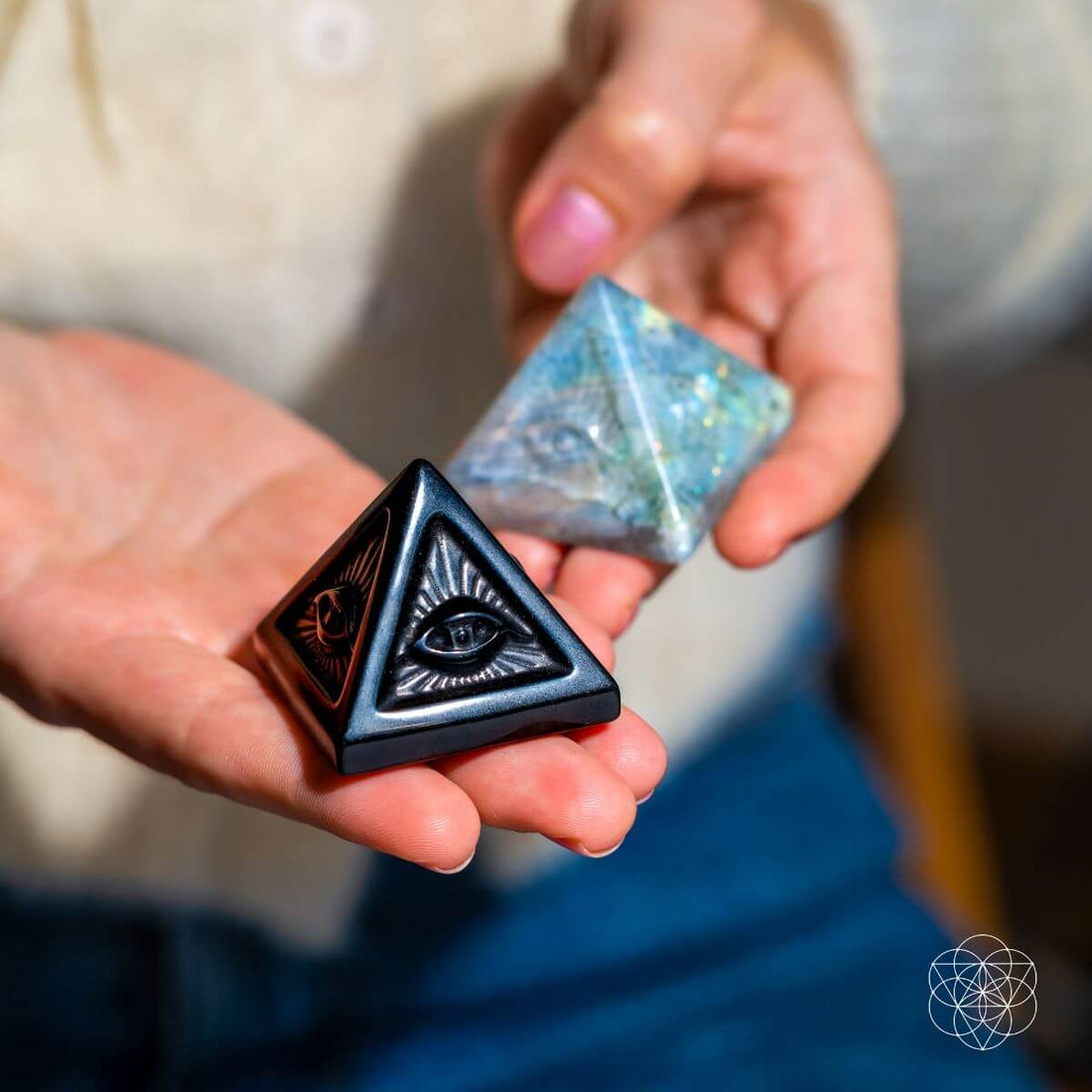 Crystal Heart with All Seeing Eye and Pyramid of Ancient Wisdom by Conscious Items, featuring intricate carvings and mystical symbolism.