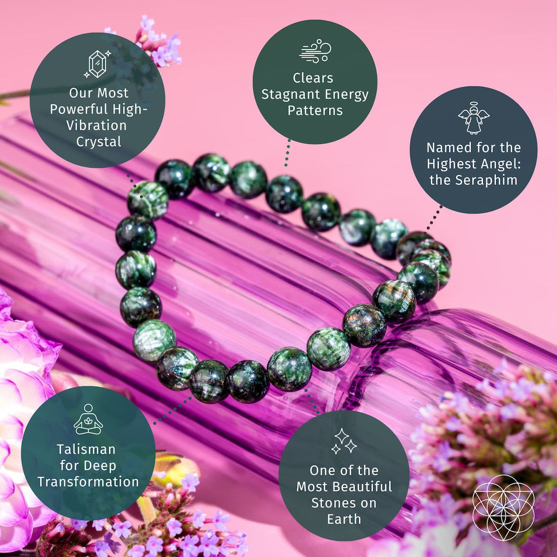 Seraphinite bracelet from Angel Energy by Conscious Items featuring green, shimmering stones for transformation and spiritual growth.