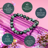 Seraphinite bracelet from Angel Energy by Conscious Items featuring green, shimmering stones for transformation and spiritual growth.