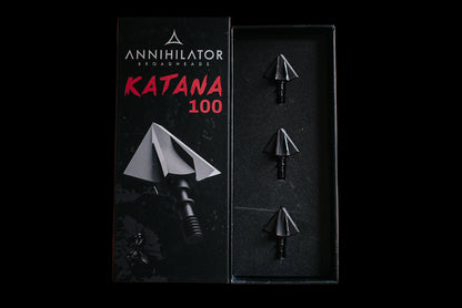 Annihilator Broadheads KATANA 100 broadheads displayed on a white background, showcasing sharp blades and sleek design.