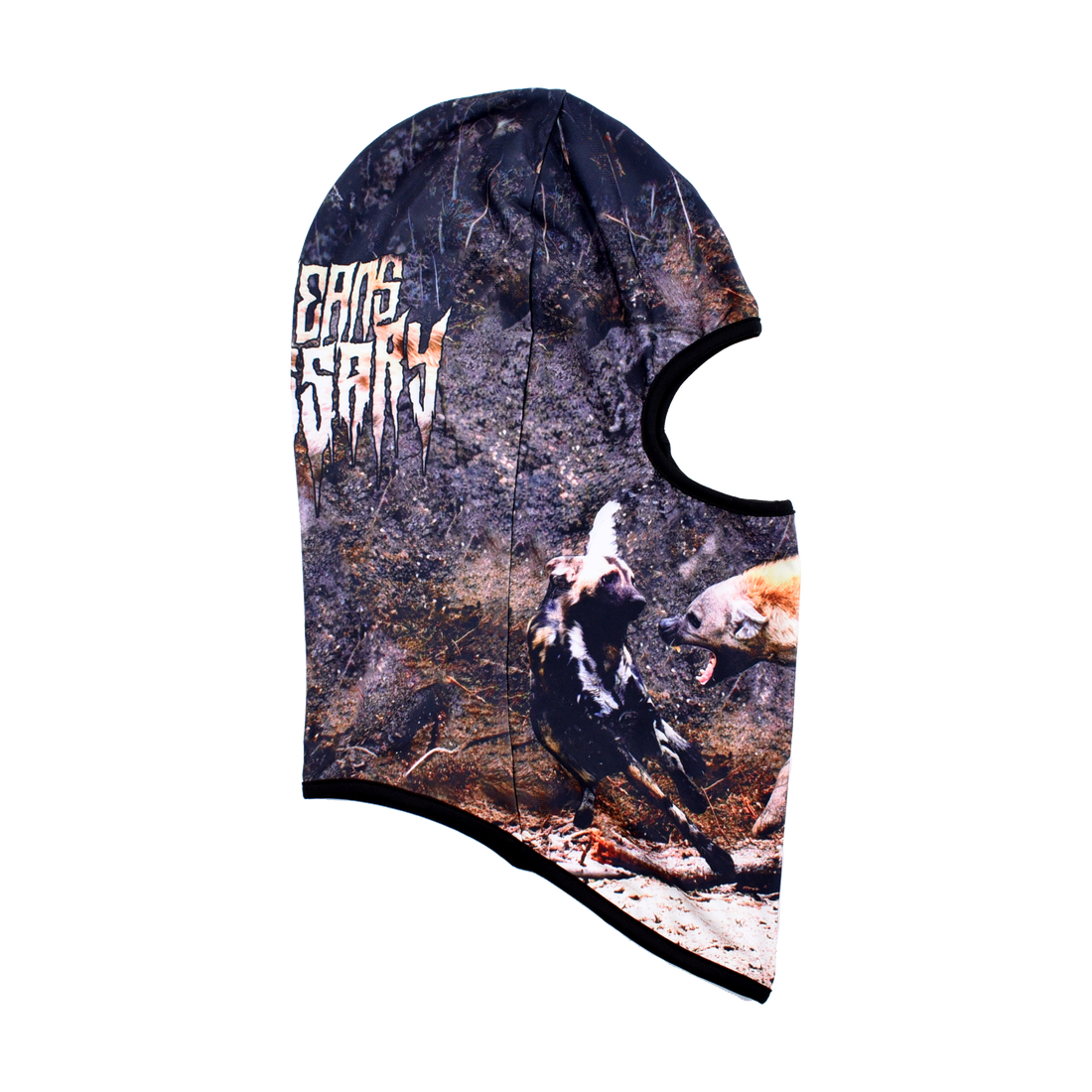 Black Last Stand Balaclava hat by Any Means Necessary Clothing, showing a close-up of the face covering with branding details.
