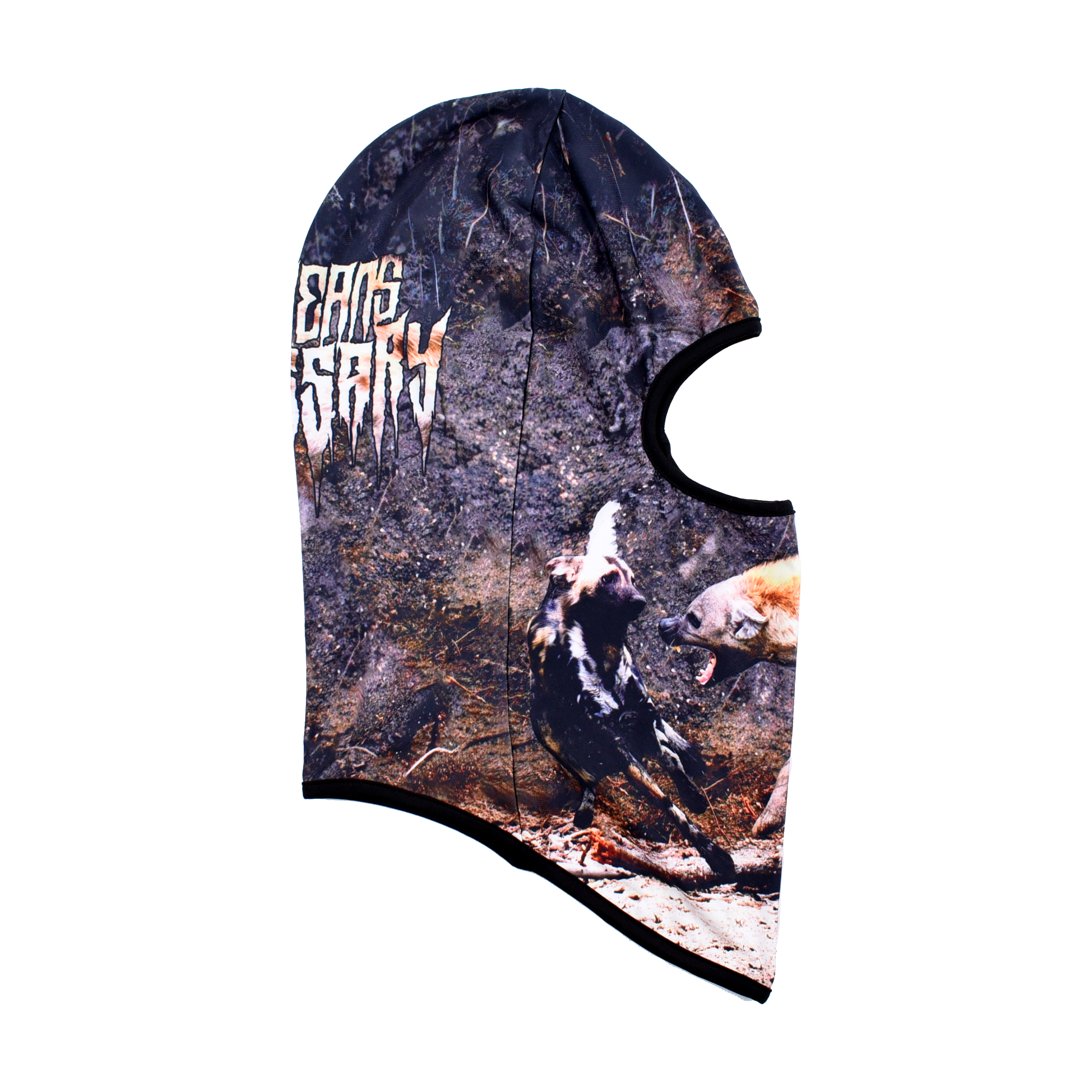 Black Last Stand Balaclava hat by Any Means Necessary Clothing, showing a close-up of the face covering with branding details.