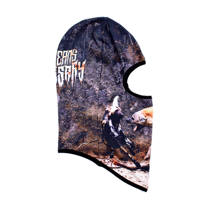 Black Last Stand Balaclava hat by Any Means Necessary Clothing, showing a close-up of the face covering with branding details.