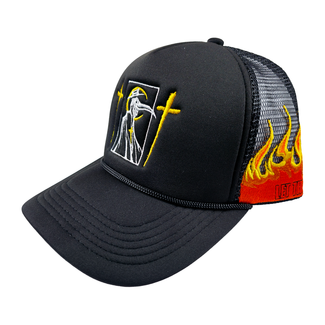 Trucker hat from Any Means Necessary Clothing featuring "Let the Weak Burn" slogan on front, black mesh back, and structured brim