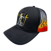 Trucker hat from Any Means Necessary Clothing featuring "Let the Weak Burn" slogan on front, black mesh back, and structured brim