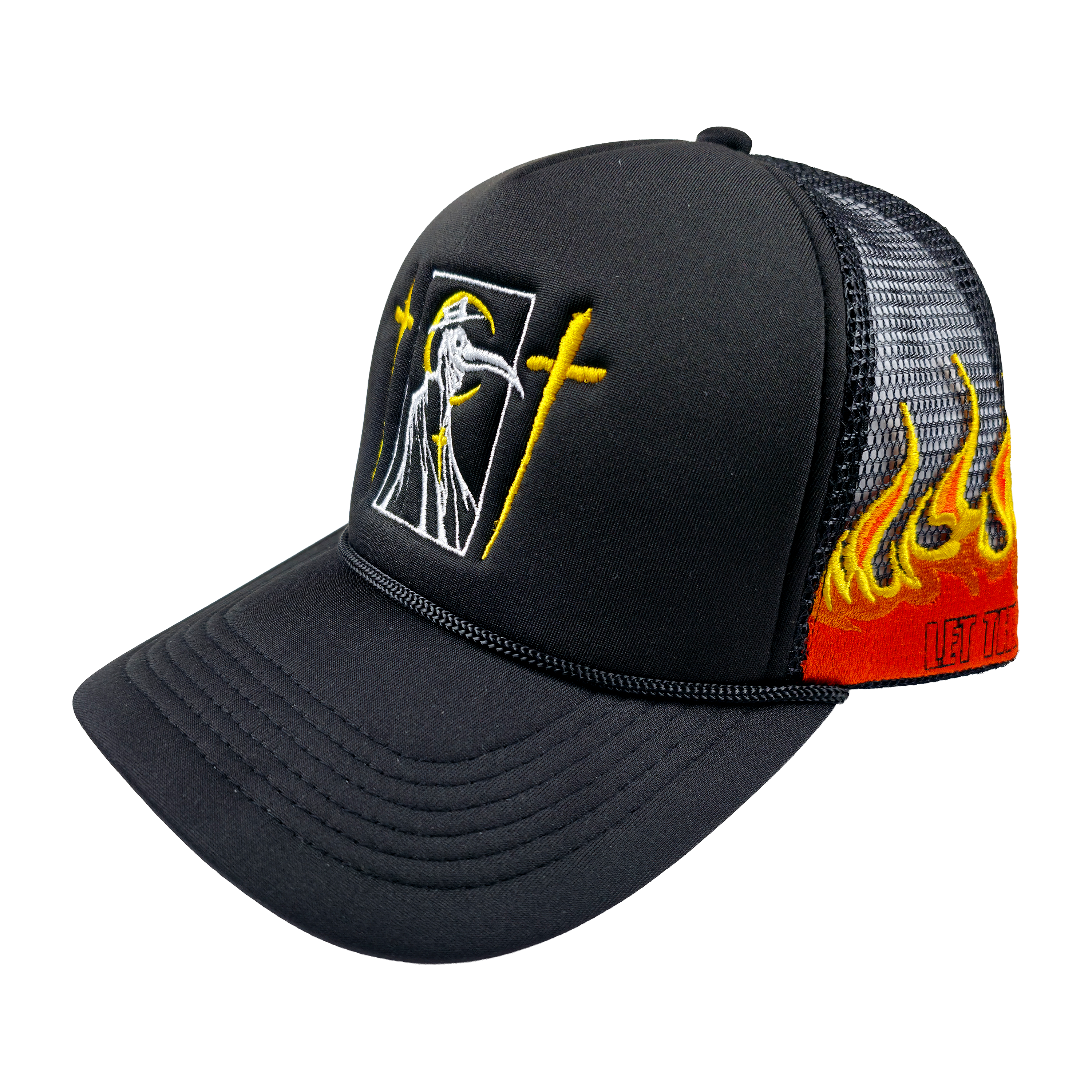 Trucker hat from Any Means Necessary Clothing featuring "Let the Weak Burn" slogan on front, black mesh back, and structured brim