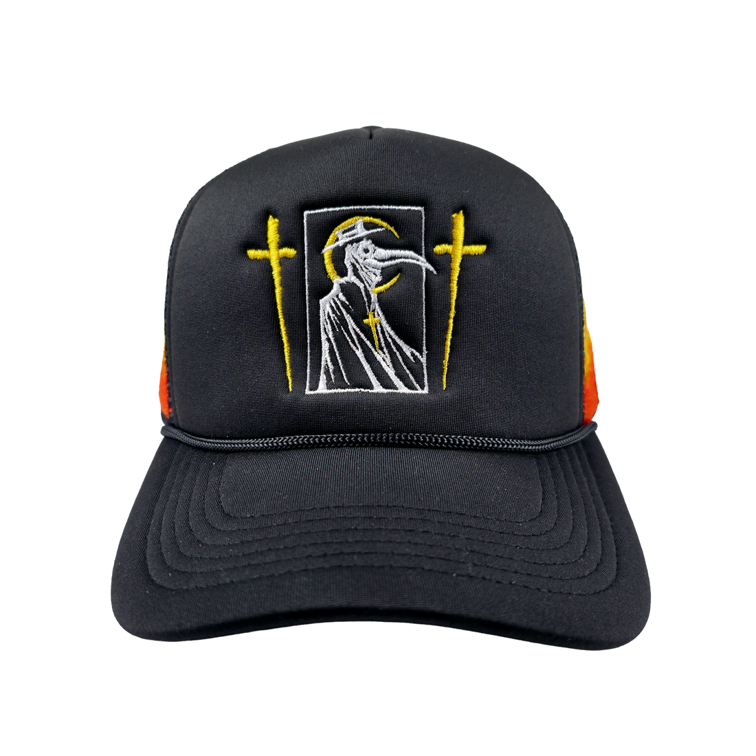Front view of the Let the Weak Burn trucker hat by Any Means Necessary Clothing featuring a bold design.