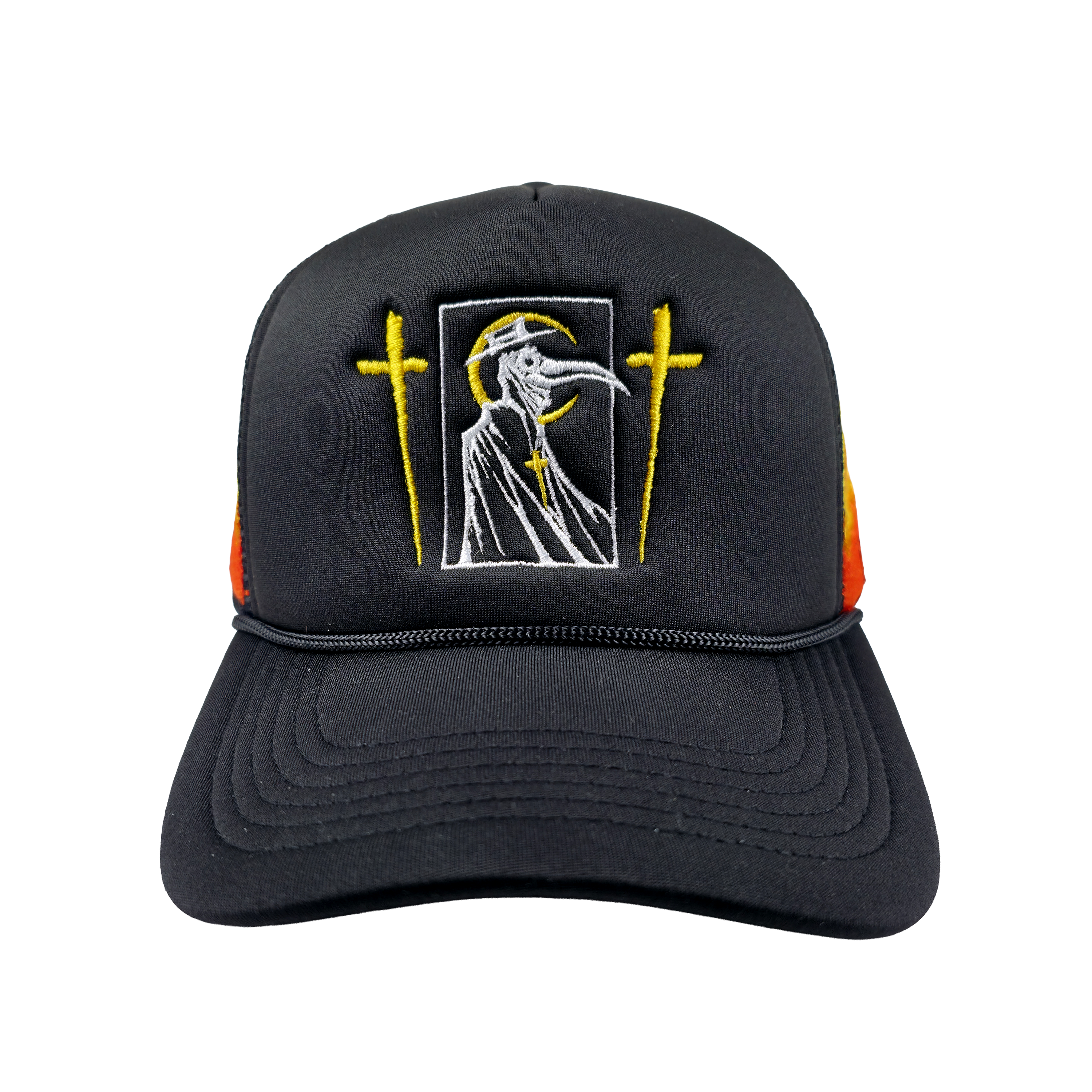 Front view of the Let the Weak Burn trucker hat by Any Means Necessary Clothing featuring a bold design.
