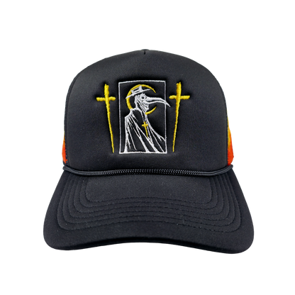 Front view of the Let the Weak Burn trucker hat by Any Means Necessary Clothing featuring a bold design.