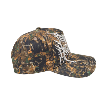 Camo Mayhem Hat by Any Means Necessary Clothing featuring a stylish camouflage design and adjustable strap.