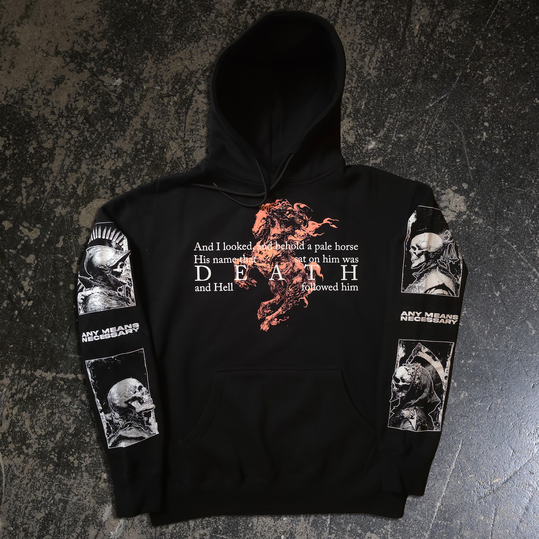 Black 4 Horsemen pullover hoodie by Any Means Necessary Clothing, front view showing graphic design and comfortable fit.