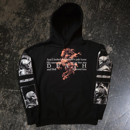 Black 4 Horsemen pullover hoodie by Any Means Necessary Clothing, front view showing graphic design and comfortable fit.