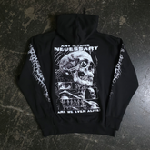 Black Are We Even Alive Pullover Hoodie by Any Means Necessary Clothing, front view showing hoodie and logo detail