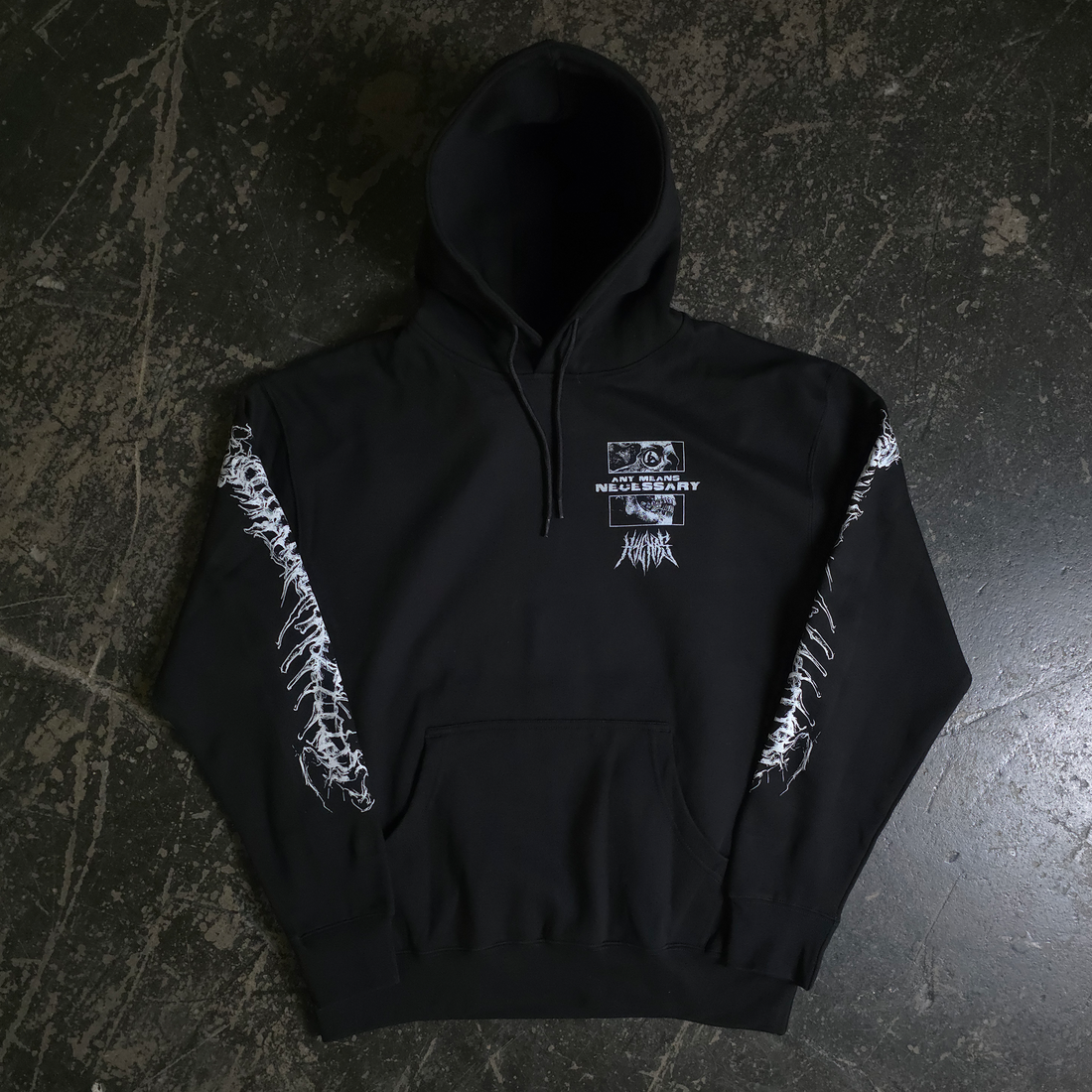 Black "Are We Even Alive" hoodie by Any Means Necessary Clothing, front view showing bold printed design.