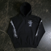 Black "Are We Even Alive" hoodie by Any Means Necessary Clothing, front view showing bold printed design.