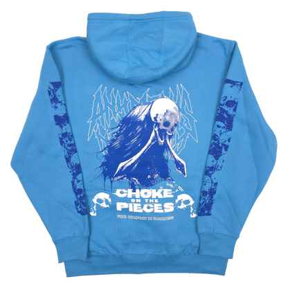 Blue Choke Pullover Hoodie from Any Means Necessary Clothing, showing the back view with a relaxed fit and hood.
