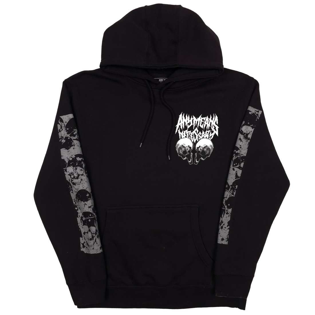 Black Choke Pullover Hoodie by Any Means Necessary Clothing, front view showing hood and chest design.