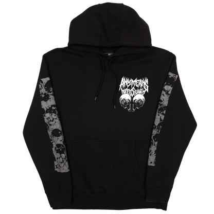 Black Choke Pullover Hoodie by Any Means Necessary Clothing, front view showing hood and chest design.