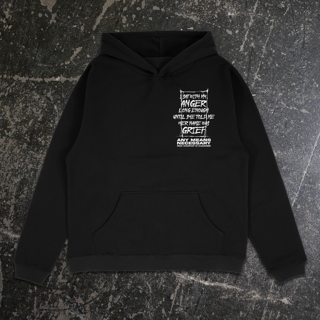 Black Grief hoodie by Any Means Necessary Clothing featuring a front graphic design, casual pullover style for comfort and style.