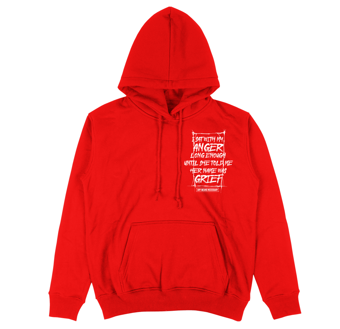 Red grief pullover hoodie by Any Means Necessary Clothing, front view showing the hoodie with a drawstring hood and soft fabric.