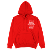 Red grief pullover hoodie by Any Means Necessary Clothing, front view showing the hoodie with a drawstring hood and soft fabric.