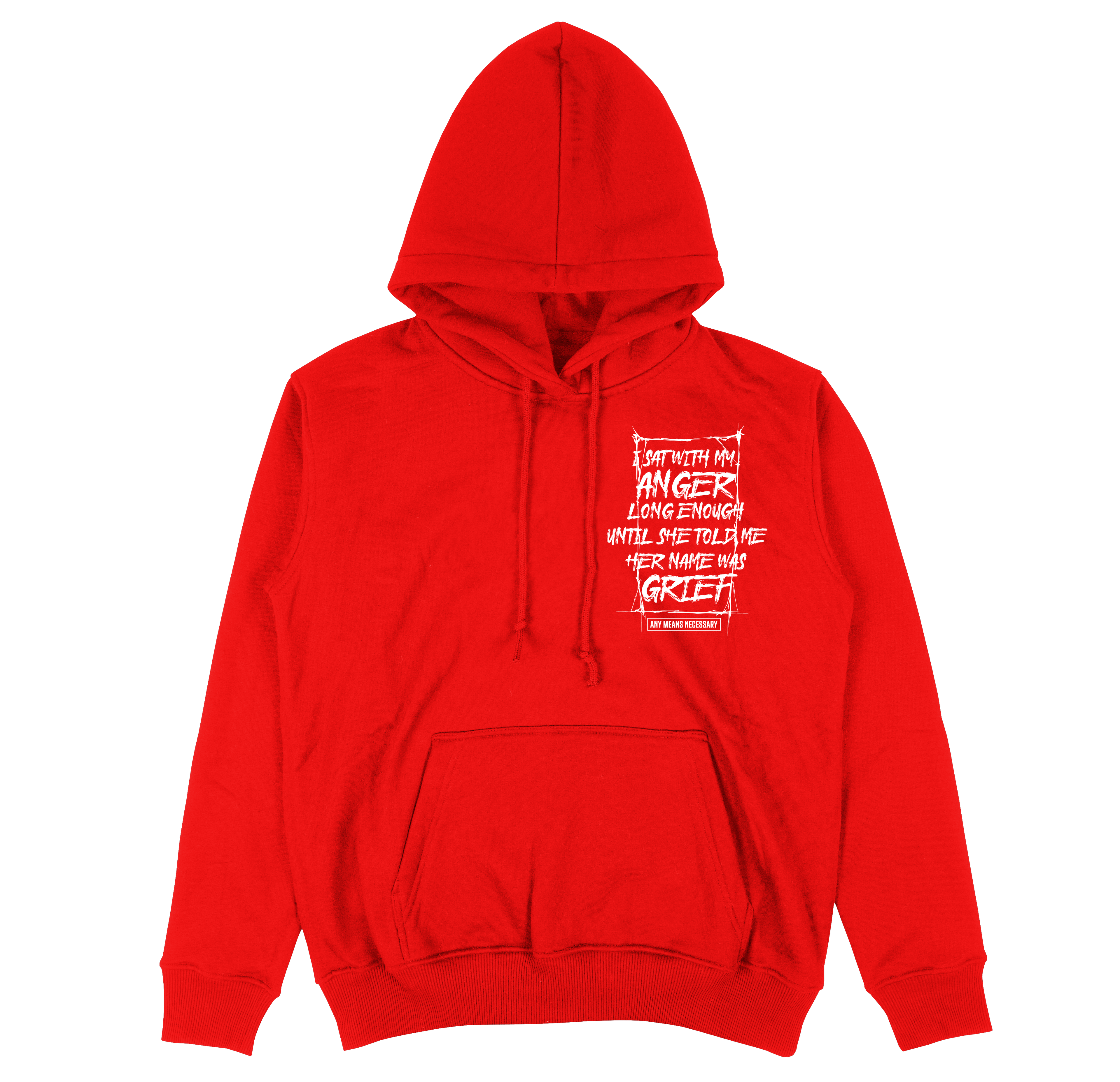 Red grief pullover hoodie by Any Means Necessary Clothing, front view showing the hoodie with a drawstring hood and soft fabric.