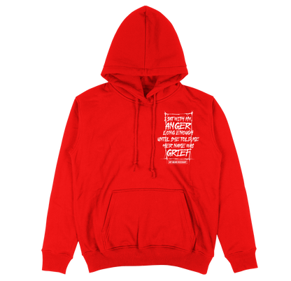 Red grief pullover hoodie by Any Means Necessary Clothing, front view showing the hoodie with a drawstring hood and soft fabric.