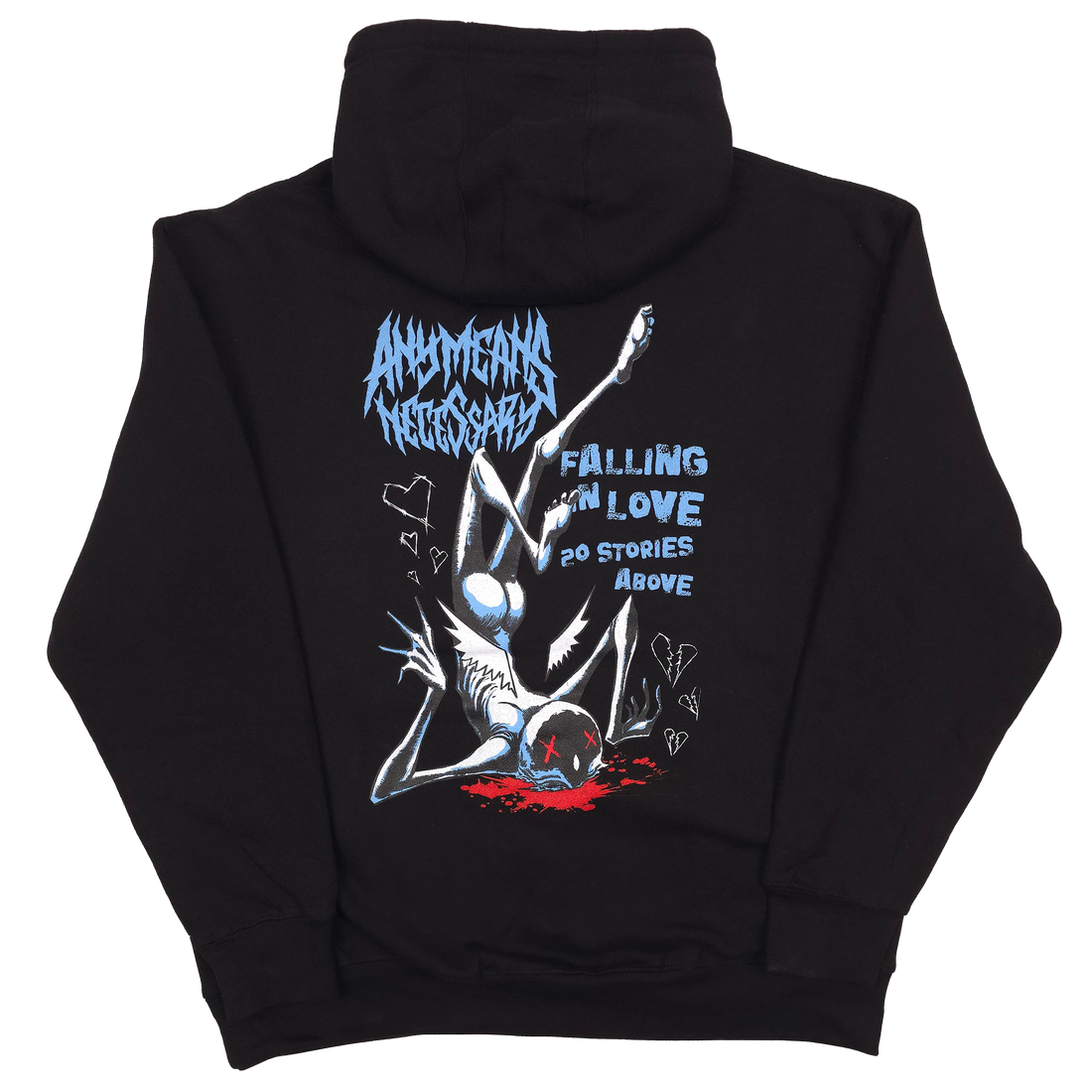 Black Falling in Love pullover hoodie by Any Means Necessary Clothing, shown from the back with a minimalist design.