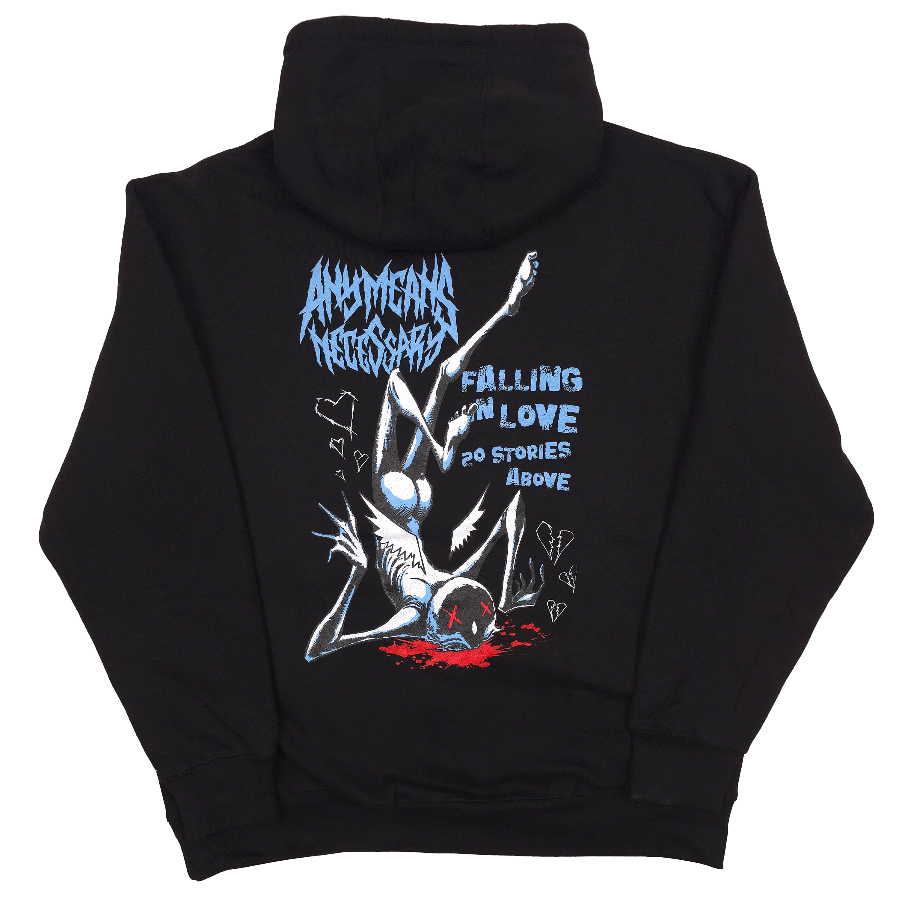 Black Falling in Love pullover hoodie by Any Means Necessary Clothing, shown from the back with a minimalist design.