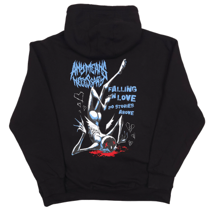 Black Falling in Love pullover hoodie by Any Means Necessary Clothing, shown from the back with a minimalist design.