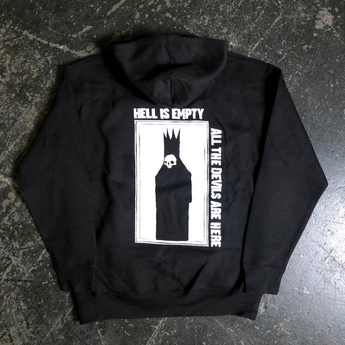 Black hoodie from Any Means Necessary Clothing featuring "Hell is Empty" graphic on the back, casual and stylish pullover design.