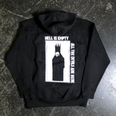 Black hoodie from Any Means Necessary Clothing featuring "Hell is Empty" graphic on the back, casual and stylish pullover design.