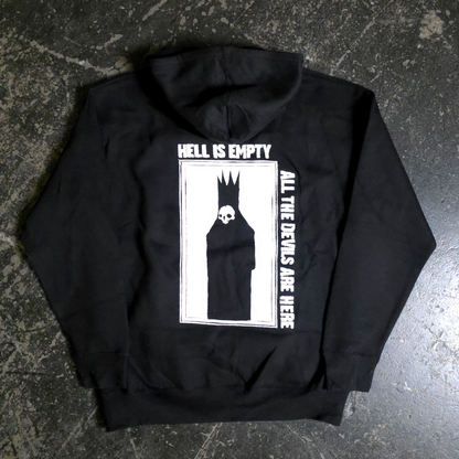 Black hoodie from Any Means Necessary Clothing featuring "Hell is Empty" graphic on the back, casual and stylish pullover design.