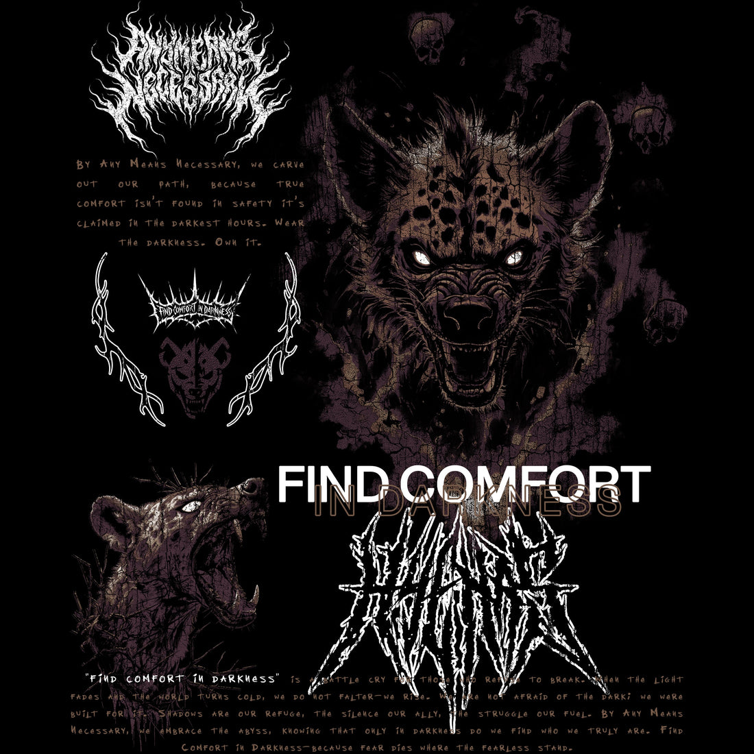 Black Mantra Pullover Hoodie by Any Means Necessary Clothing featuring artistic mantra design on front.