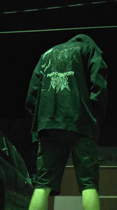 Black Mantra Pullover Hoodie by Any Means Necessary Clothing showing front view with hood and logo design.
