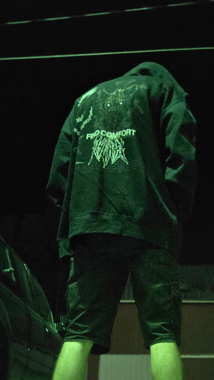 Black Mantra Pullover Hoodie by Any Means Necessary Clothing showing front view with hood and logo design.