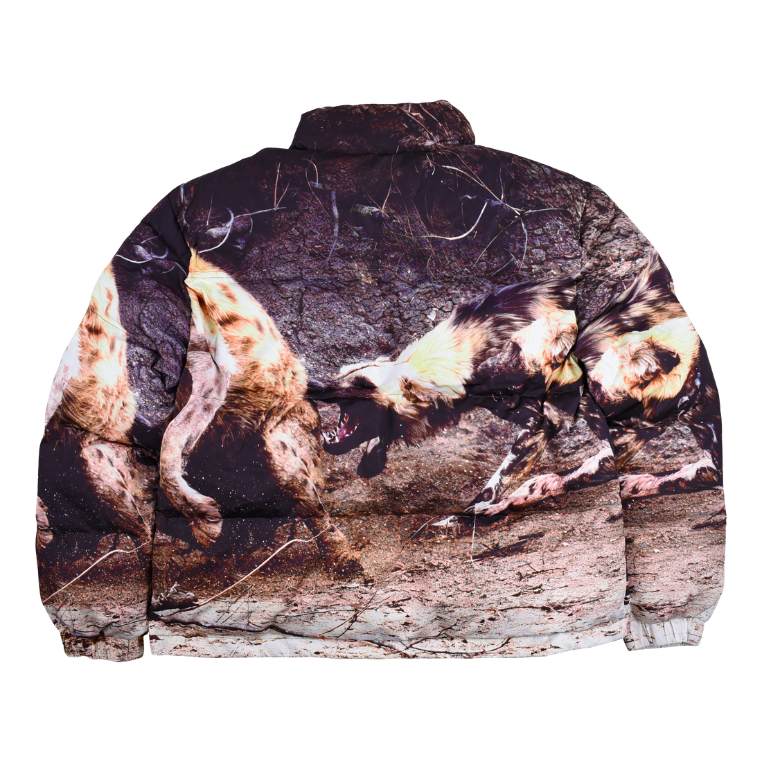 Back view of Any Means Necessary Clothing Last Stand Puffer Jacket showing quilted design and high collar.