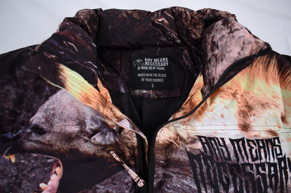 Close-up of Any Means Necessary Clothing Last Stand Puffer Jacket showing quilted design and high collar detail.