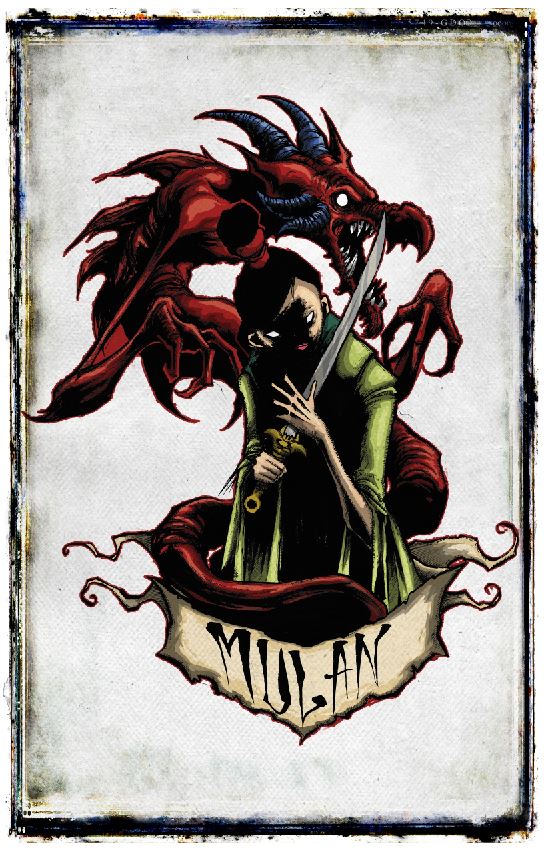 Disney Darkness Prints poster featuring Mulan from the Disney animated film, showcasing a dark artistic style.