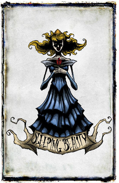 Sleeping Beauty poster from Disney Darkness Prints collection by Any Means Necessary Clothing, featuring the classic fairy tale character.