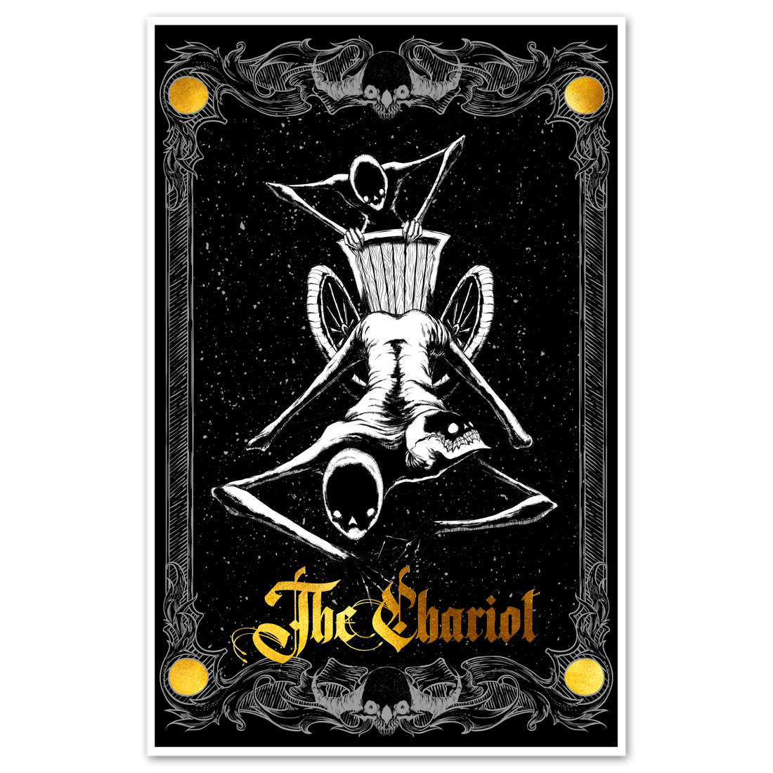 Tarot The Chariot poster from Major Arcana prints by Any Means Necessary Clothing, featuring detailed illustration on 11x17 inch paper.