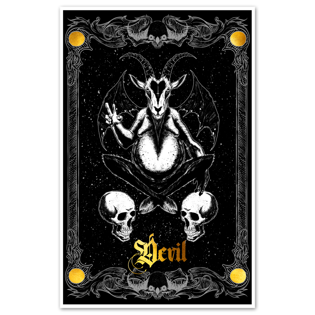 11x17 tarot Devil Major Arcana poster by Any Means Necessary Clothing, featuring detailed devil card illustration.