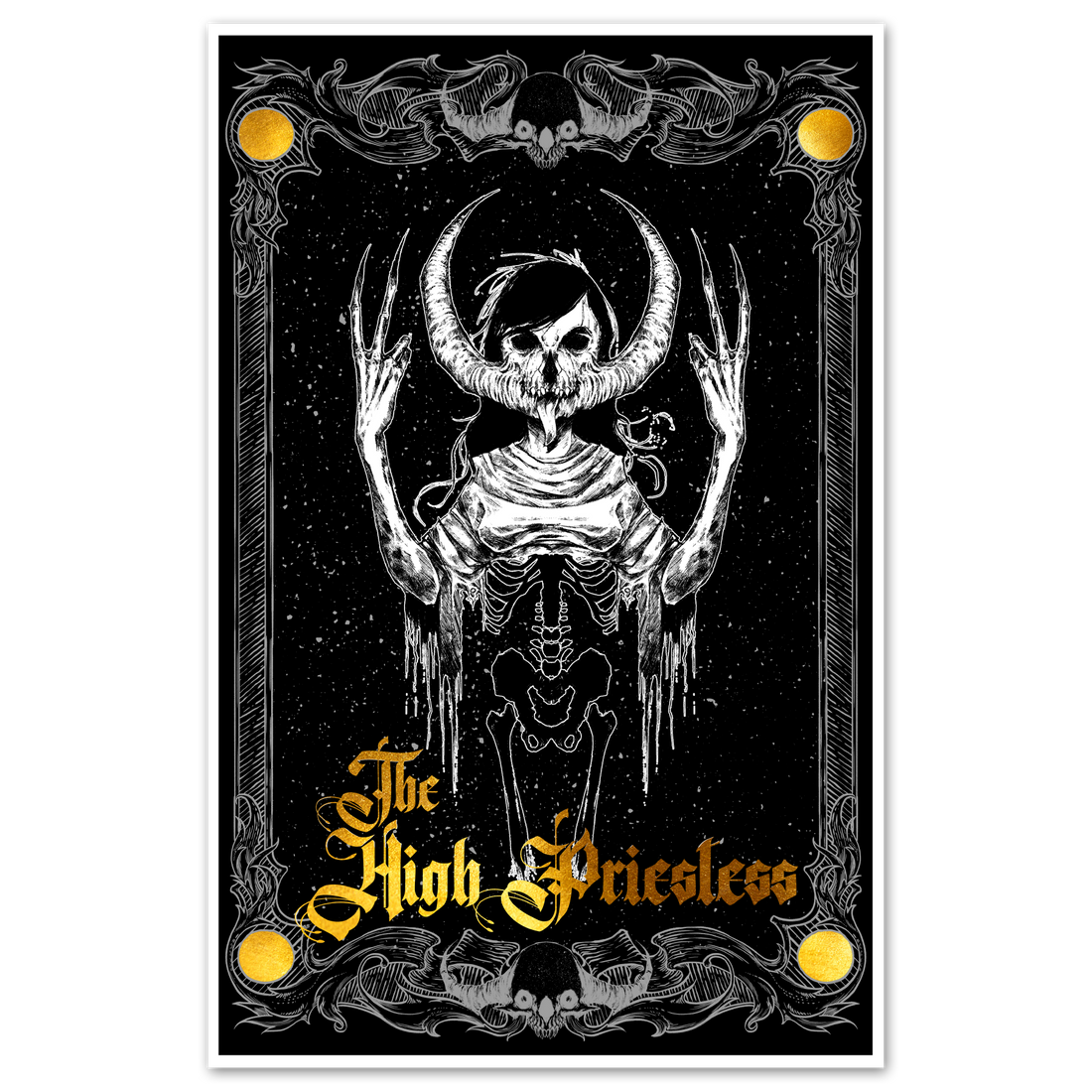 High Priestess tarot poster from Major Arcana prints by Any Means Necessary Clothing, featuring detailed mystical artwork in 11x17 size.
